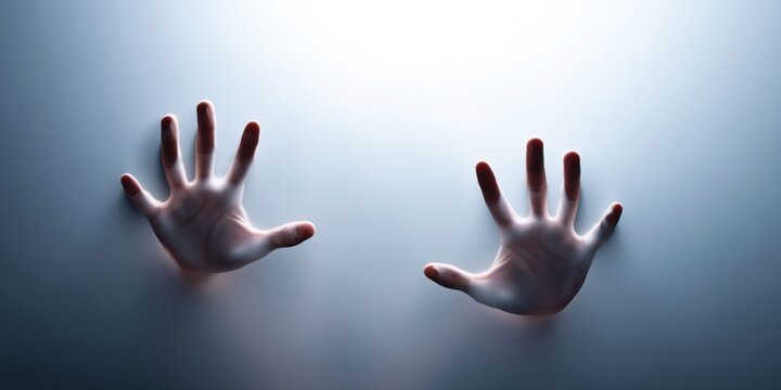 Two ghostly hands pressing against a frosted glass background in a spooky scene