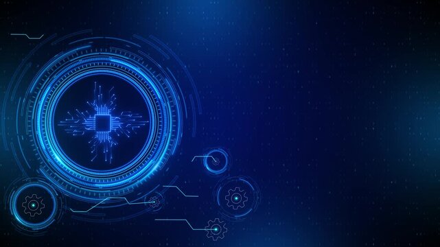 Blue processor HUD interface with glowing chip icon, circular rings, gear elements, and code texture. Perfect for AI videos, automation explainers, software demos, tech screens, and digital overlays.