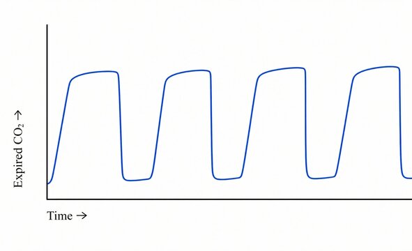 Medical illustration of a capnogram showing expired carbon dioxide levels over time. Ideal for clinical education on respiratory ventilation monitoring and anesthesia vital signs.