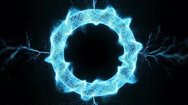 Dynamic abstract blue energy ring with vibrant particle effects and electric tendrils on a dark background, illustrating a powerful futuristic force field or portal concept with glowing light