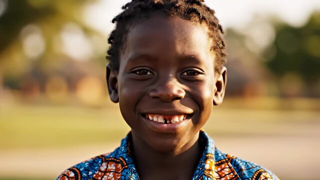 Portrait of a Smiling Young African Boy in Traditional Clothing