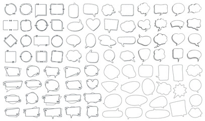 Naklejka premium Speech bubbles and callouts doodle set. Thought clouds, dialog words and talk balloons for retro sticker. Vector collection of monochrome outlines isolated illustration elements for quote badges