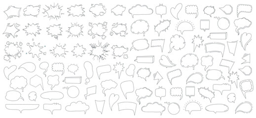 Naklejka premium Speech bubbles doodle set. Talk clouds, shout bursts and dialog words for comic poster templates. Retro vector collection of cartoon elements for message, emoji frames and isolated illustrations
