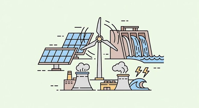 Renewable energy sources including solar panels and wind turbines for sustainable power generation