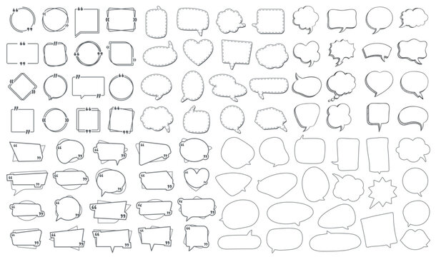 Speech bubbles and callouts doodle set. Thought clouds, dialog words and talk balloons for retro sticker. Vector collection of monochrome outlines isolated illustration elements for quote badges