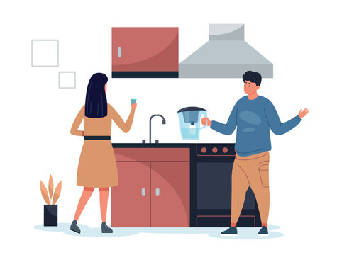 Home kitchen filtration scene with water purifier and healthy couple for eco lifestyle banners, sustainability websites, and daily routine or app design. Modern vector illustration
