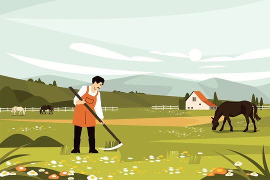 Farmer mowing pasture with scythe and horses for rural agriculture banners, sustainable farm posters, and countryside website or wallpaper design. Vector illustration