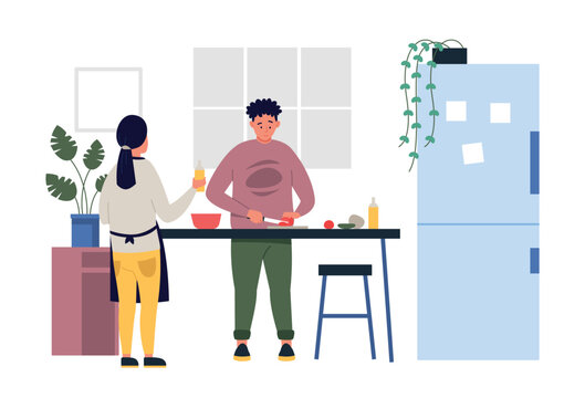 Kitchen cooking scene with couple chopping vegetables for healthy lifestyle banners, recipe blog design, and family meal or nutrition app graphics. Flat vector illustration