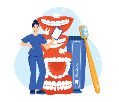 Dental hygiene scene with teeth cleaning and oral care for dentist clinic banners, healthcare education websites, and prevention app or tutorial design. Minimal vector illustration