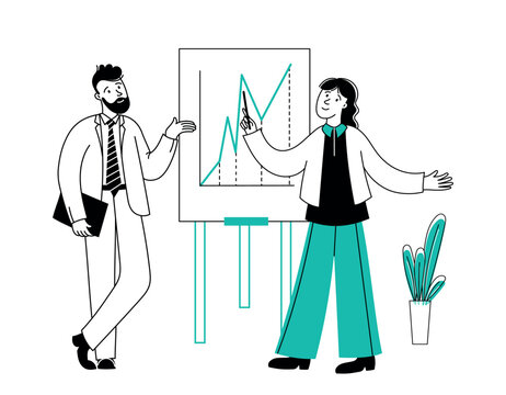 Business team meeting with presentation charts and data analysis for corporate strategy banners, startup website design, and marketing or finance infographics. Flat vector illustration
