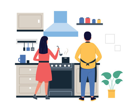 Kitchen cooking scene with couple and steaming pots for family dinner banners, recipe website headers, and lifestyle blog or app template design. Modern vector illustration