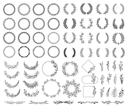 Botanical floral wreath set with laurel borders and leaf garlands for wedding stationery, vintage labels, and hand drawn packaging or invitation design. Monochrome vector collection