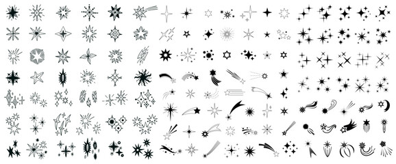 Stars and sparkle doodle set with shooting meteors, comet and celestial bursts. Monochrome vector collection of hand drawn icons shimmer symbols, starburst and starlight elements isolated line art © Tartila