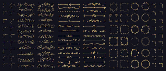 Fototapeta premium Golden calligraphic frame set with filigree corners and decorative scrolls on black background. Vintage vector ornate dividers, ornament wreaths, floral frames, border corners with linear flourishes