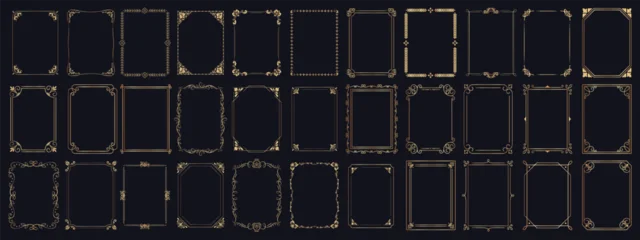Golden calligraphic frame set with filigree borders and art deco scrolls on black background. Vintage vector collection ornate portals frame, rectangular ornaments for covers or certificate template © Tartila