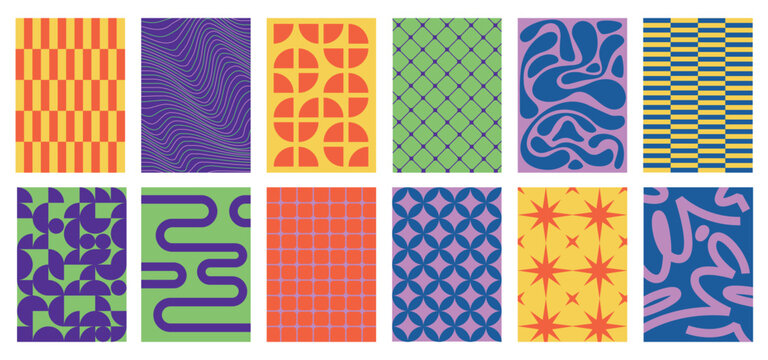 Geometric poster pattern set with abstract symmetry, wavy mazes and checker tiles. Bright vector collection of mosaic ornaments for textile textures, print decor for retro wallpaper and backgrounds