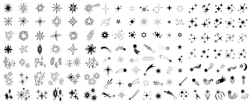 Stars and sparkle doodle set with shooting meteors, comet and celestial bursts. Monochrome vector collection of hand drawn icons shimmer symbols, starburst and starlight elements isolated line art
