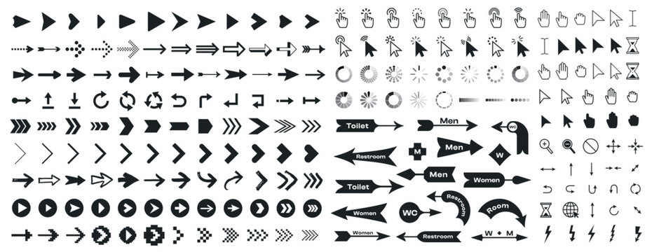 Arrow cursor set with pointer icons and navigation signs for web UI buttons. Vector collection of black symbols for progress spinners, clickable elements and navigation graphics and gesture loader