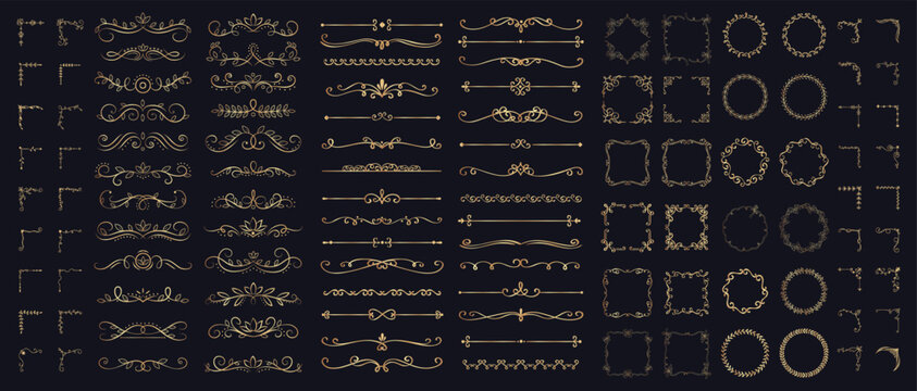 Golden calligraphic frame set with filigree corners and decorative scrolls on black background. Vintage vector ornate dividers, ornament wreaths, floral frames, border corners with linear flourishes