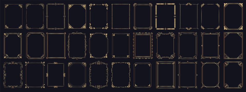 Golden calligraphic frame set with filigree borders and art deco scrolls on black background. Vintage vector collection ornate portals frame, rectangular ornaments for covers or certificate template