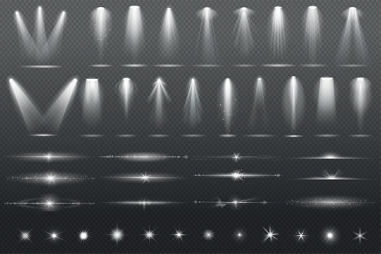 Beam spotlight set with floodlight rays and space illuminators lights effects, glitter flares. Realistic vector transparent elements for radiant streaks beam searchlight and isolated shimmer graphics