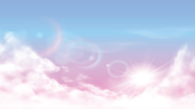Sky cloudscape panorama with sunrise rays and pastel mist. Scene of gradient blue pink sky with clouds for wallpaper background, banner template or travel card. Vector illustration for romantic cards