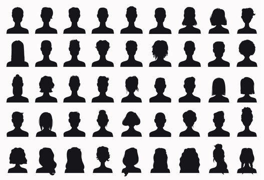 Avatar profile black silhouette set with diverse head icons and faces. Flat vector collection of monochrome pictograms isolated elements for user account UI, identity placeholders social media