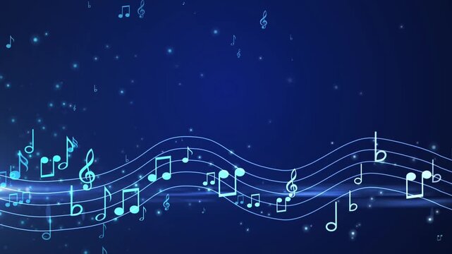 Abstract glowing blue musical notes and wavy staff lines floating on dark background, magical stardust particles and digital melody concept animation.