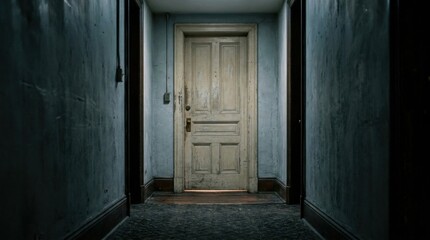 Fototapeta premium Creepy hallway with a closed door, dim lighting, and ominous atmosphere.