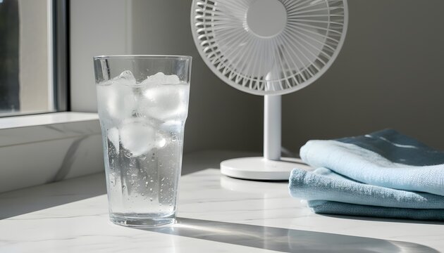 Cold glass of water with ice cubes and a desk fan on a marble table near a window for a heatwave survival concept to stay cool and hydrated during extreme summer heat