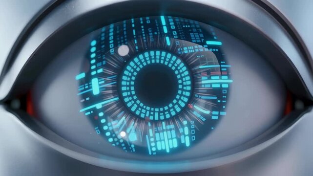 Close-up of a Futuristic AI Robotic Eye with Dynamic Digital Data Processing Animation