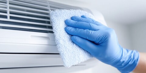 Fototapeta premium Gloved hand cleaning the air conditioner unit with a soft cloth for hygiene and maintenance