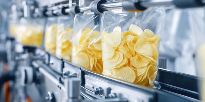 Automated potato chips packaging process on a modern factory production line