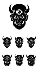 Obraz premium Monstrous Cyclops Demon Faces with Horns and Third Eye - Black and White Vector Icons