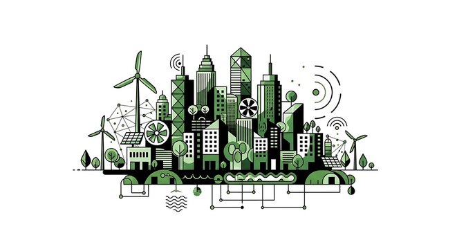 Sustainable cityscape with green technology and renewable energy solutions integrated design