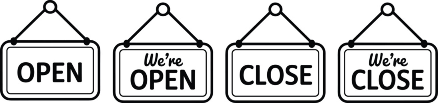 Flat line vector icon set of hanging shop door signs with open and close text for retail business storefront 