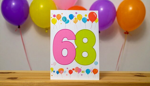 Birthday or anniversary card with number 68 with bright colors and balloons