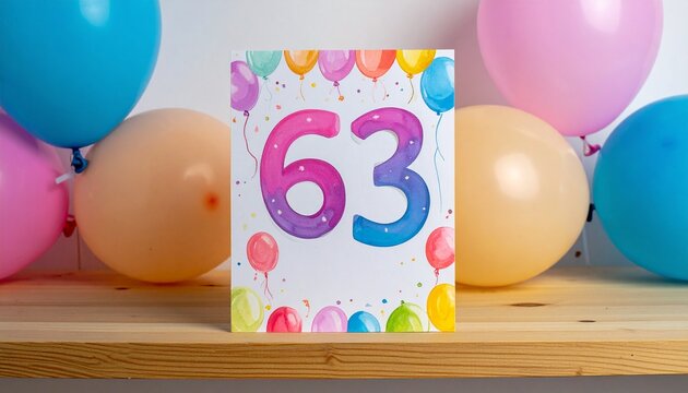Birthday or anniversary card with number 63 with bright colors and balloons