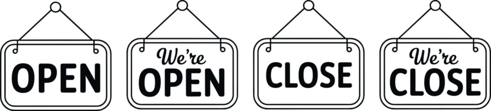 Flat line vector icon set of hanging shop door signs with open and close text for retail business storefront
