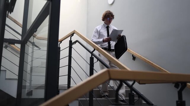Office worker navigates difficult situation reviewing documents while walking on stairwell focused and serious facing challenges and decisions in modern workplace environment