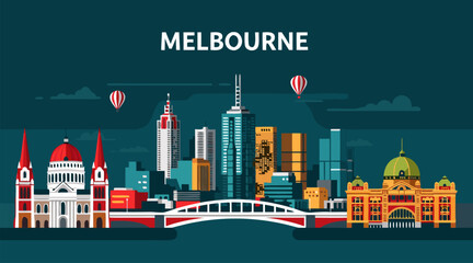 Obraz premium Melbourne city skyline vector illustration, vibrant modern cityscape with iconic buildings and hot air balloons, ideal for travel and urban design