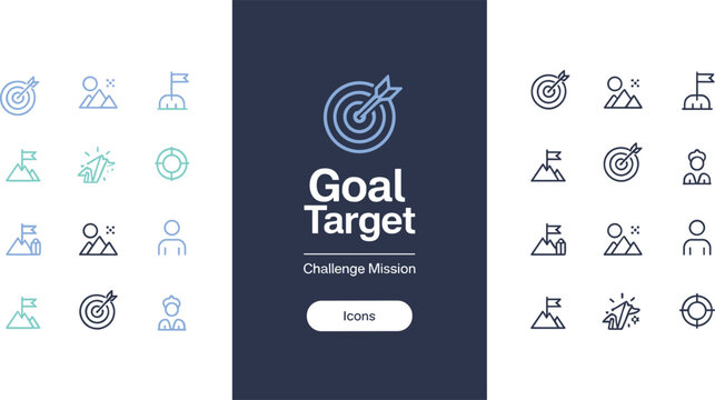 Collection of thin line business goal and target achievement icons featuring mountains, flags, arrows, and rocket launch for motivation and mission success.