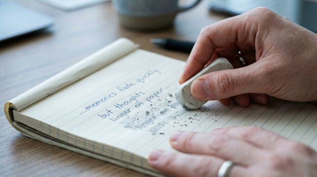 Hand erasing notes on paper with an eraser, close up shot.