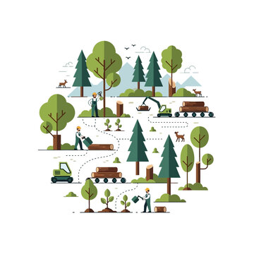 Forestry and Logging Operations: Sustainable Wood Harvesting and Reforestation Concept