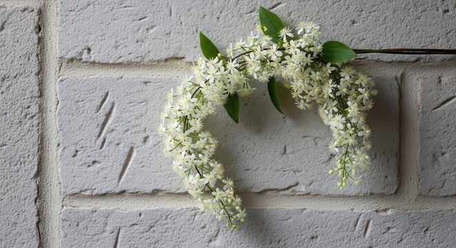 Delicate cascade of tiny white clematis blossoms adorning a textured brick wall