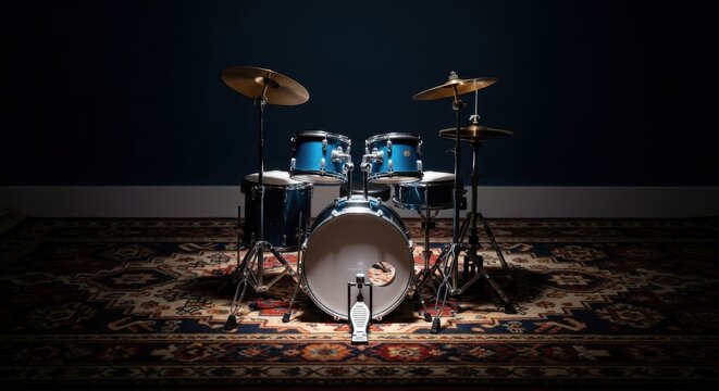A professional blue drum set with bright metallic cymbals on a patterned rug in a dimly lit room