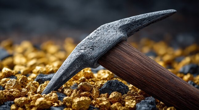 Close-up of a pickaxe resting on a pile of gold nuggets and dark rocks
