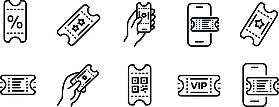 Set of minimal ticket and coupon line icons featuring cinema vouchers, digital mobile passes, QR codes, and VIP entry passes for entertainment events and online booking