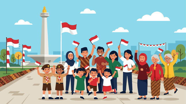 This flat design illustration captures the vibrant spirit of Indonesian Independence Day, showing diverse people joyfully celebrating with flags and a national landmark.