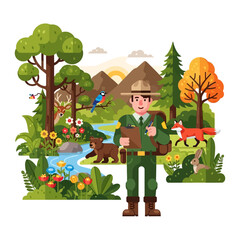 Fototapeta premium Park Ranger in Nature with Wildlife and Mountains - Flat Design Illustration